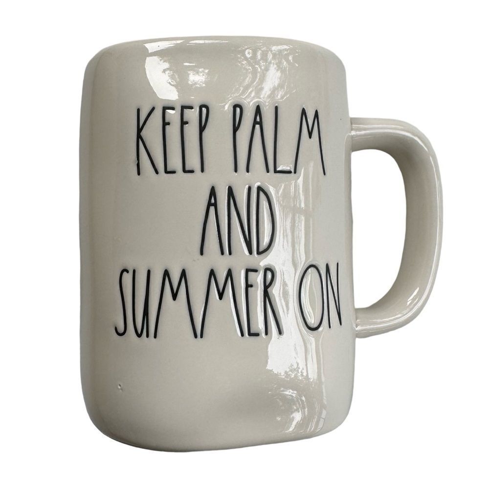 Rae Dunn Coffee Mug Keep Palm and Summer On (Ivory with Black Lettering) NWOT